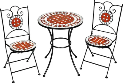 A black metal and mosaic tile bistro set for two people, consisting of a round table and two chairs, is displayed against a white background.