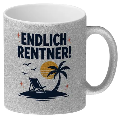 Produktbild von Glitzer-Kaffeebecher Endlich Rentner - Palme Tasse im Retro Stil Mit Spruch: