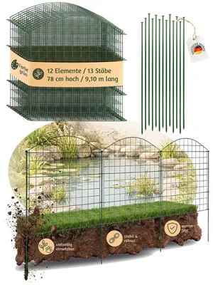 Obrázek produktu pro Plot, zahradní plot, plot na zapíchnutí, plot k jezírku, 12 plotových dílů, výška 78 cm, kovový plot pro psy, mřížkový plot, horní oblouk, zelený, V2Aox, 6 x 6 cm