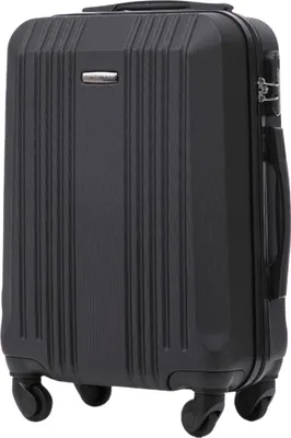 A black carry-on suitcase is shown from the front.
