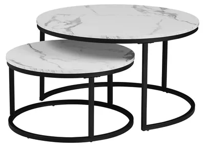 Produktbild von Runder Couchtisch Wohnzimmer - 2-in-1 Couchtisch/Beistelltisch 80 cm - Tischplatte in Marmoroptik - Metallgestell - Holzakzente - Schwarz