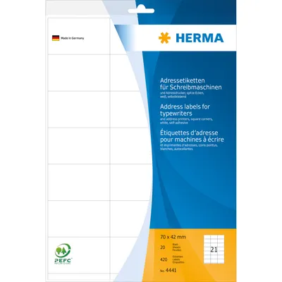 Produktbild von HERMA Adressetiketten für Schreibmaschinen A4 70x42 mm Papier matt Ecken spitz 420 St., Weiß, Papier, Matte, 7 cm, 4,2 cm, 20 Blätter