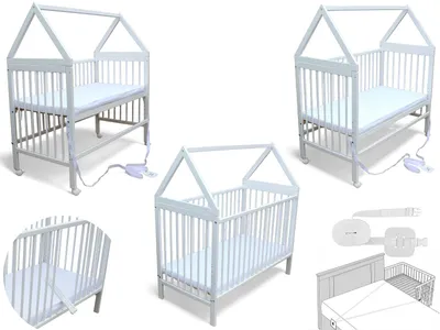 Produktbild von Kinderbett - Beistellbett - Babybett Haus 120x60cm mit Matratze Gurt und Rädern weiß