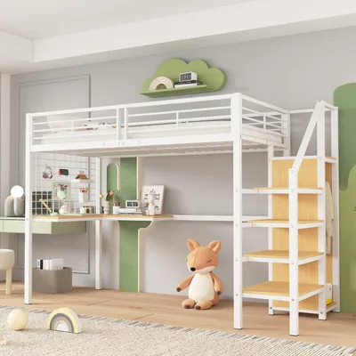 Produktbild von Kinderhochstbett 90x200 cm Eisen mit Kleiderschrank & Treppe Weiß+Natur