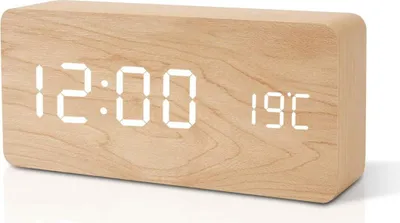 Produktbild von Tischuhr aus Holz – Digitaler LED-Wecker – Standuhr mit Datum, Temperatur und USB-Anschluss – batteriebetrieben – Bambus – Weiß