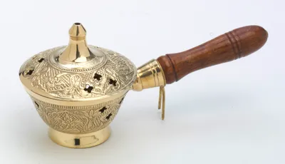 Produktbild von Räucherpfanne, Weihrauchpfanne mit Holzgriff aus Messing Gold Länge 17 cm für Räucherkohle