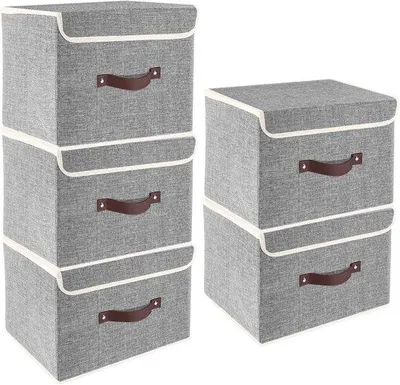 Productafbeelding van Opbergbox met deksel, stof, wasbaar, 38x25x25 cm, set van 5, grijs