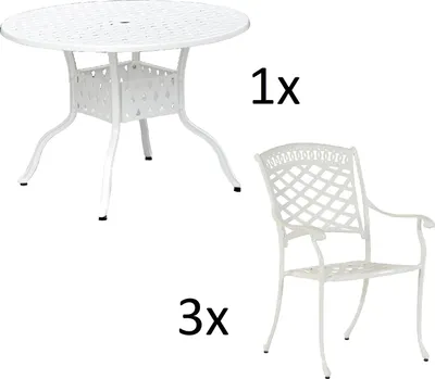 Produktbild von Inko 4-teilige Sitzgruppe Aluminium Guss weiß Tisch Ø 106 cm mit 3 Sesseln