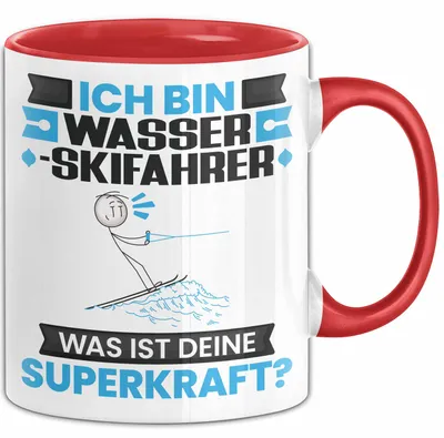 Produktbild von Wasserskifahrer Tasse Geschenk für Wasserskifahrer Geburtstag Lustiger Spruch Kaffee-Becher Was Ist Deine Superkraft (Rot)