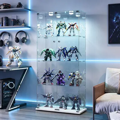 Imagen del producto de Vitrina de vidrio con iluminación LED, tipo expositor, con 4 estantes de vidrio y 2 puertas de vidrio con cerradura. Armario expositor para sala de estar