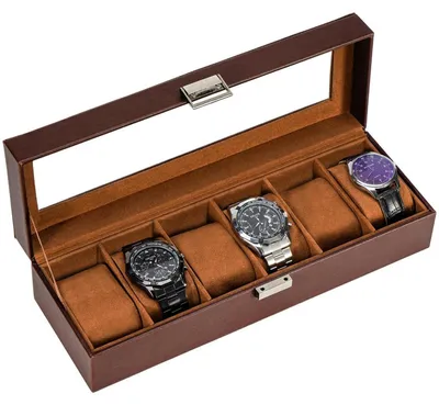 Image de Boîte à montres, 6 compartiments, couleur marron, couvercle en verre