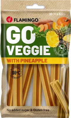 Productafbeelding van Flamingo hondenkoekje, Veggie Stick met ananas, geel, afmetingen: 12 x 1,4 x 1,4 cm