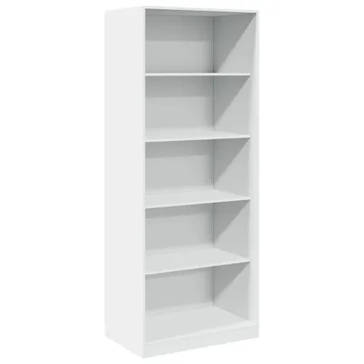 A white, five-shelf bookcase is shown against a white background.