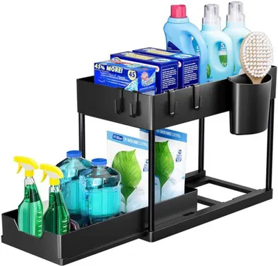 Produktbild von Unyqoos® Multifunktionales Küchen- und Badezimmerregal mit ausziehbarem Fach und Haken zur Untertischlagerung