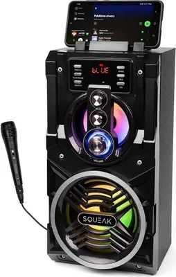 A black portable Bluetooth speaker with a smartphone docked on top, displaying a music app. A microphone is connected to the side.