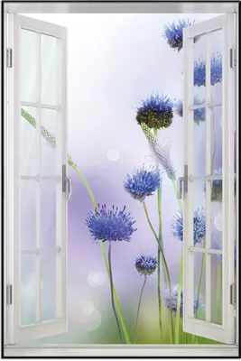 Produktbild von Wallario Wandbild mit Fenster-Illusion: Abstrakte lila Blume, Größe: 61 x 91,5 cm, Poster mit schwarzem Aluminiumrahmen