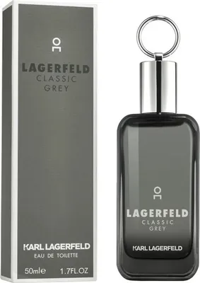 A bottle of Karl Lagerfeld Classic Grey Eau de Toilette and its packaging are displayed against a white background.