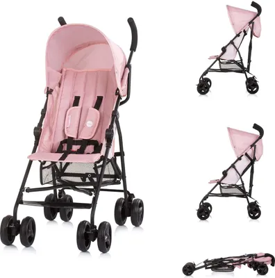 Collage of a pink baby stroller from different angles, including a folded view.