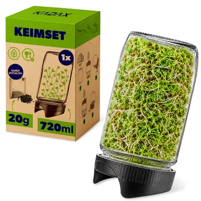 Productafbeelding van KADAX Ontkippingsglas 720 ml, 1 stuk, ontkippingsglas met zeefdeksel Ø 82 mm, ontkippingsset, ontkippingsglazen voor mungbonen, broccoli en alfalfa, inclusief radijzaad