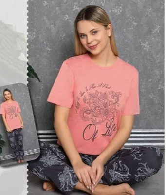 Produktbild von Damen Pyjama Schlafanzug Lachsfarbe M Kurz 2-Teiler Set C-82
