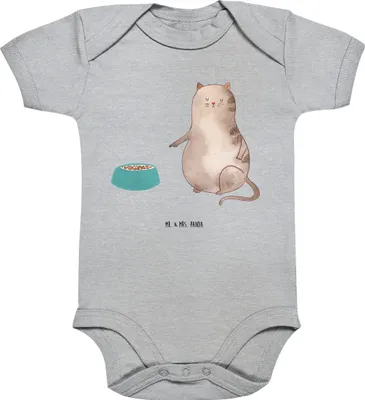 Produktbild von Mr. & Mrs. Panda Babystrampler Katze Fressen 3. - 6. Monat - Heather Grey - Geschenk, babyanzug, body kurzarm, overall baby, Einteiler, Strampler