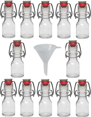 Produktbild von 12 x Mini-Glasflaschen 50 ml mit Porzellanverschluss zum Befüllen - kleine Likörflasche & Ölflasche - inkl. Trichter Ø 7 cm