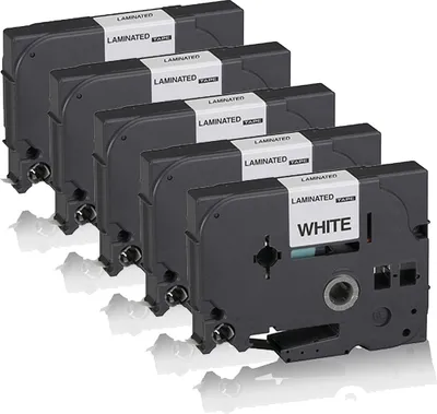A group of five black label maker tape cartridges are arranged in a staggered formation against a white background.