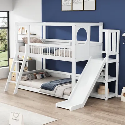 Productafbeelding van Stapelbed 90 x 200 cm, met glijbaan, lades, opbergvakken, trap, geschikt voor kinderkamers en tienerkamers, gemaakt van beuken, wit