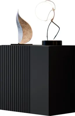 A black vitrine with decorative sculptures on top, isolated on a white background.
