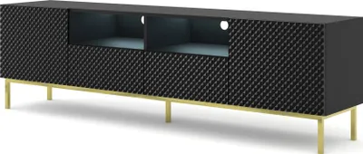 A black TV cabinet with a textured front and gold metal legs, shown against a white background.