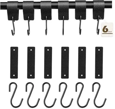 Produktbild von S-Haken-Set, 6 Stück, Leder und Edelstahl, Schwarz, multifunktional, für Schlafzimmer, Kleiderschrank, Küche