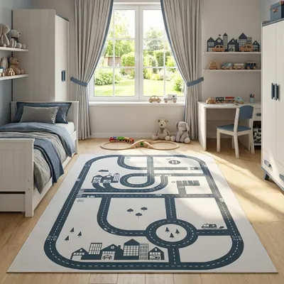 Produktbild von Tapiso Kinderteppich SNOOKI farbig, pflegeleicht, rutschfest, für Kinderzimmer 180 x 250 cm, KI-generiertes Bild