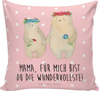 Produktbild von Mr. & Mrs. Panda Dekokissen Bären mit Blumenkranz - Rot Pastell - Geschenk, Mutti, Kinder, kissen bedruckt, für couch, Sofakissen, Tochter, kuschelkissen 40x40, Muttertag