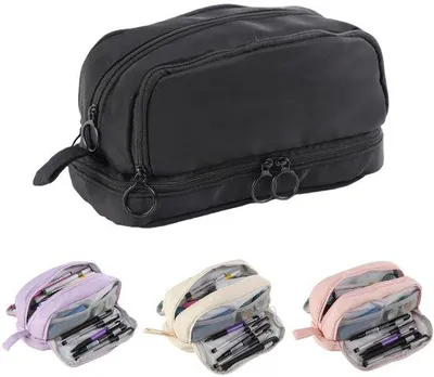 Imagen del producto de Unyqoos® Estuche grande con 4 compartimentos y asa de transporte – Estuche para lápices espacioso hecho de poliéster, con capacidad para 30-40 bolígrafos, ideal para la escuela y la oficina