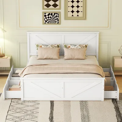 Produktbild von okwish Klassische Bett Plattformbett Jugendbett160x200 cm, einfaches Holzbett Bettgestell mit 4 Schubladen und Lattenrost, weiß