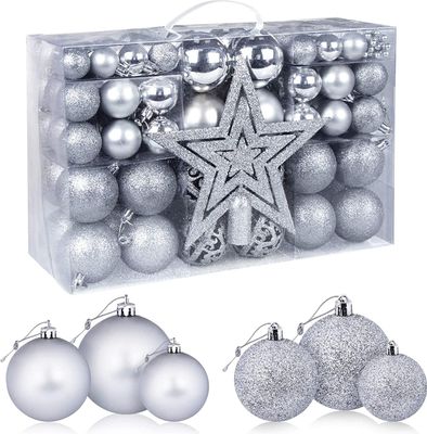 98 Stück Weihnachtskugeln Silber, Christbaumkugeln Set, Tannenbaumkugeln Kunststoff mit Weihnachtsbaumspitze Stern, Ø 3/4/6 CM