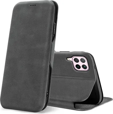 A dark gray flip case for a smartphone is shown from two angles against a white background. The case is made of faux leather and has a card slot.