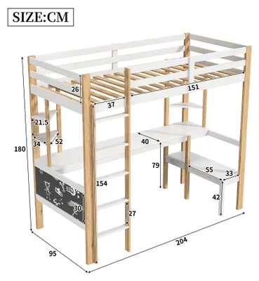 Zdjęcie produktu dla Łóżko piętrowe dla dzieci – z biurkiem i półką na książki – 90 x 200 cm – wykonane z litego drewna – z barierkami ochronnymi i stabilną drabinką – stelaż łóżka – kolor biały