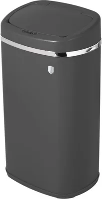 A dark gray automatic trash can with a silver trim and a sensor on the front.