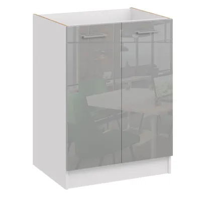 A white and gray kitchen cabinet with reflective doors showing a blurred office interior.