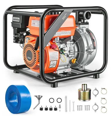 Produktbild von Benzin Wasserpumpe - Schmutzwasserpumpe 6 PS - 49,9 m Förderhöhe - Tragbare Motorpumpe - Mit 7,62 m Auslassschlauch - Gusseisenlaufrad - Für Bewässerung, Teiche, Pools