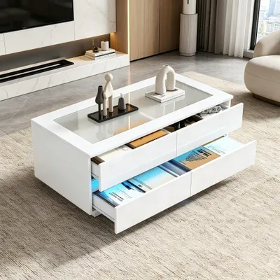 Produktbild von Couchtisch 100x50x40cm Weiß Hochglanz Lounge-Set Wohnzimmertisch Sitzgruppe Kaffeetisch aus Spanplatte mit Glasplatte & LED-Beleuchtung mit 4 Schubladen