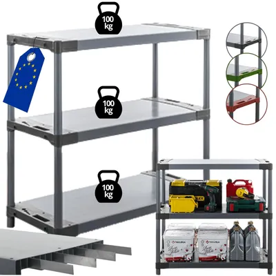 Produktbild von MODO24 Kunststoffregal, 3 Ablagen, 100kg/Boden, Schwerlast, Steckregal, Lagerregal, Plastikregal, Werkstatt, 98x150x46?cm, Grau, TYTAN