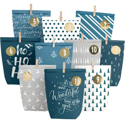 Productafbeelding van Adventskalender, adventszakjes, 24 cijferstickers, bedrukt, blauw, grijs