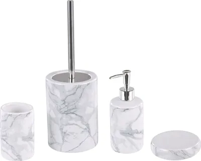 Produktbild von BELIANI Badezimmer Set Weiß Keramik 4-teilig Trinkglas Seifenschale Seifenspender Toilettenbürste Marmoroptik Badezimmer