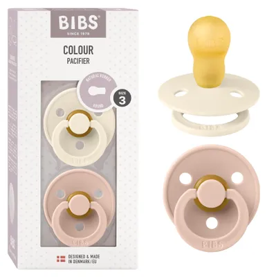 Imagen del producto de BIBS, chupete de silicona con diseño de color, para bebés de 18 a 48 meses, paquete de 2 unidades, tetina redonda, color marfil/rosa