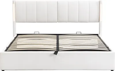 Produktbild von Flieks Polsterbett 140x200cm mit USB, Stauraumbett Doppelbett mit Lattenrost und Verstellbarem Kopfteil, Boxspringbett Jugendbett mit LED, PU, Weiß