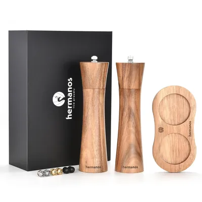 Produktbild von Salz und Pfeffermühle Holz Akazien - 22 cm - Manuelle Gewürzmühle 2er Set - Austauschbare Knöpfe (Schwarz, Silber, Gold) & Einstellbarer Mahlgrad