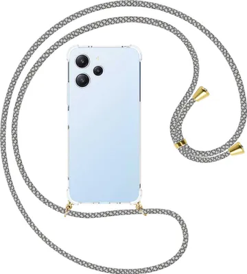 Produktbild von Handykette Backcover-Schutzhülle mit Band (Metall goldfarben) für Xiaomi Redmi 12 (6.79'') - weiß/grau kariert