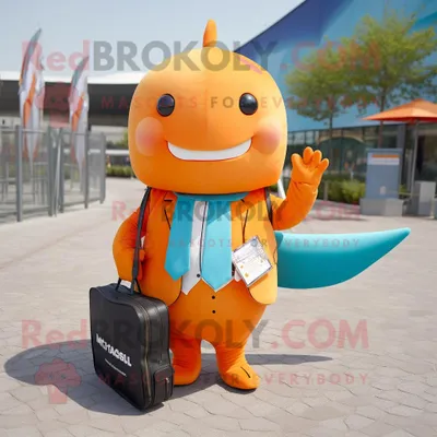 Productafbeelding van Oranje narwal mascotte REDBROKOLY kostuum karakter gekleed met een pak en portefeuilles